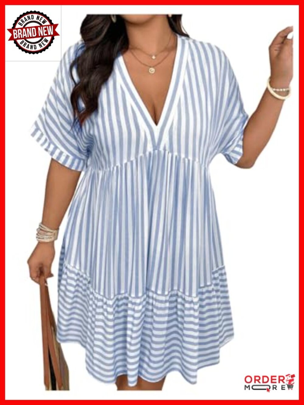 Plus Size Striped Ruffle Dress Deep V Neck Half Sleeve A-Line Babydoll Summer - Picture 1 of 4